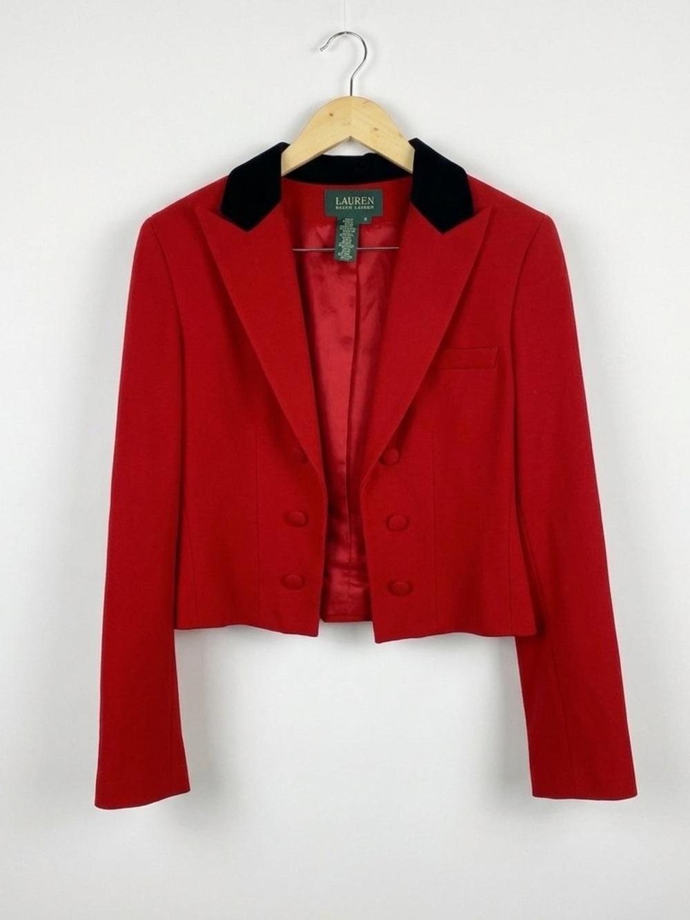 VTG Lauren Ralph Lauren Red Wool Cropped Blazer Velvet Collar Spencer Jacket 12‎
